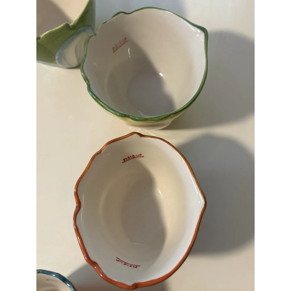 Pier 1 Imports Hand Painted Owl Measuring Cups Set 4 Stoneware Colorful Vintage